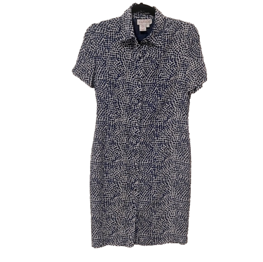 Adrianna Papell women’s 100% silk blue short sleeve button down print dress size
